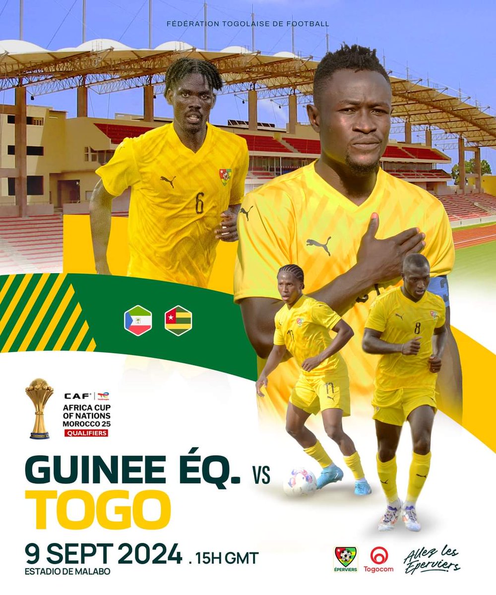 𝗝𝗢𝗨𝗥 𝗗𝗘 𝗠𝗔𝗧𝗖𝗛 !

Les Éperviers jouent leur 2ème  journée des qualifications pour la CAN2025 à Malabo

🏟GUINEE EQ.🇬🇶 🆚 TOGO🇹🇬 c'est à 15heures GMT 📺(en direct sur NWTV MIX, CANAL+Sport 2, TVT)

#AllezLesEperviers
#AFCONQ2025