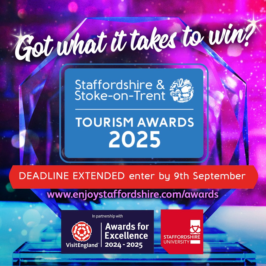 LAST DAY TO APPLY FOR TOURISM AWARDS!! The deadline to enter the #Staffordshire &amp; #StokeOnTrent #Tourism #Awards has been extended to 11.59pm on Monday 9th September. Submit your entry online: enjoystaffordshire.com/awards <a href="/EnjoyStaffs/">Enjoy Staffordshire</a> #CorporateEvents #OurBeautifulBorough