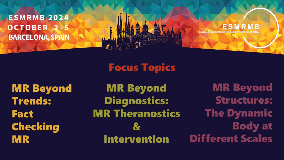 #ESMRMB2024 is happening 🔜!

We have put together 3️⃣ exciting Focus Topics, where the cutting edge of MR 🧲 will be addressed in both Plenary and Educational Sessions.

- MR beyond Trends 🤳🏻
- MR beyond Diagnostics 👩🏻‍⚕️
- MR beyond Structures 🪵

Looking forward to seeing you all!