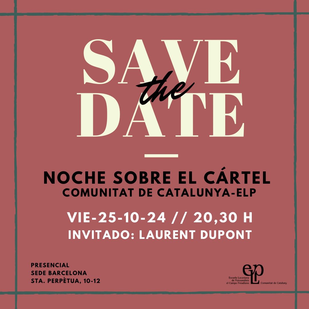 ⚠️Agenda esta fecha 👉 viernes 25/10 a las 20:30 hs ! 
🔶Invitado: Laurent Dupont 
<a href="/laudupsy/">laurent Dupont</a> <a href="/elp_prensa/">Escuela Lacaniana de Psicoanálisis</a>