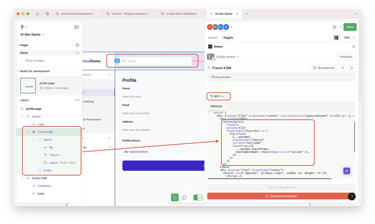 AnimaApp's tweet image. Advanced AI capabilities are coming to Anima in @figma & @code! If your team is building with @reactjs and MUI/Antd/ShadCN/Chakra/other OSS/your own design system, apply to become a design partner to get early access. #designsystem #opensourcelibrary link.animaapp.com/3Xfj2Ft