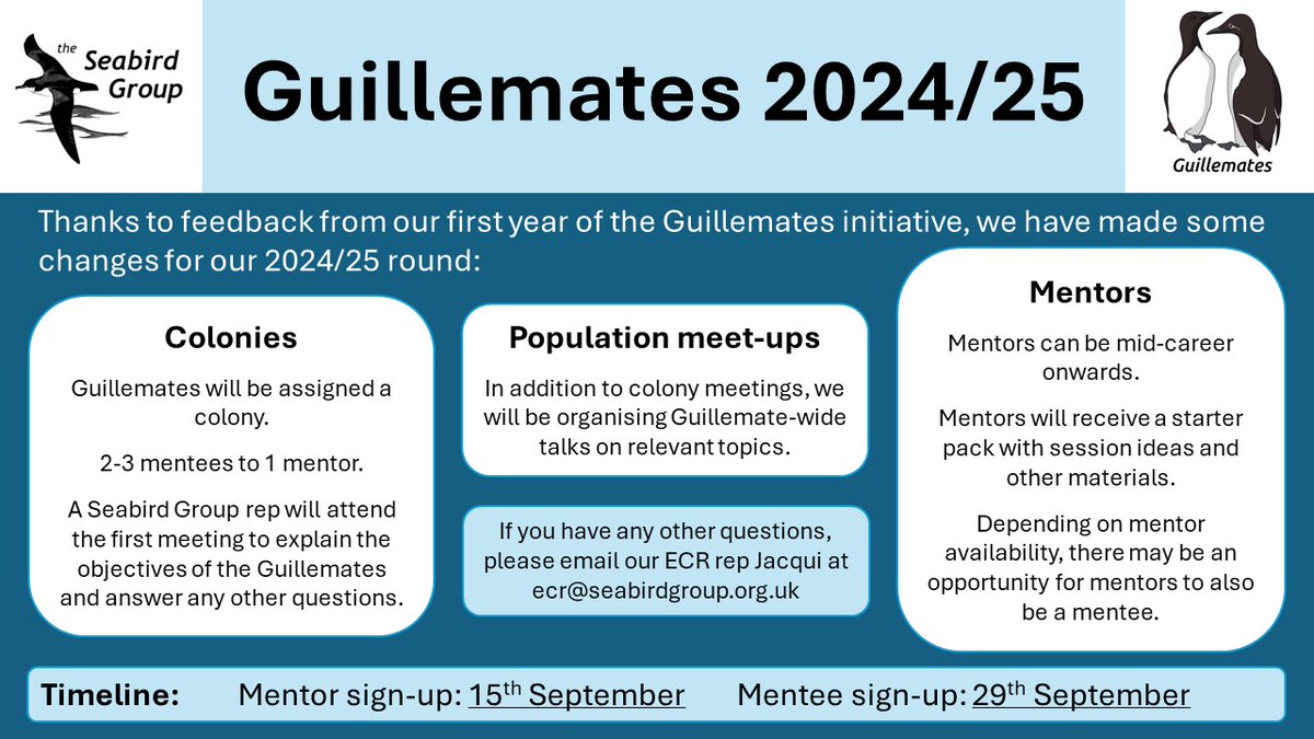 Jacqui Glencross (@glencrossjacqui) on Twitter photo Introducing our new and improved Guillemates - <a href="/TheSeabirdGroup/">The Seabird Group</a> mentoring scheme!!
If you would like to be a mentor please sign up here: forms.gle/39MrFsmJyKy7dC…
If you would like to be a mentee please sign up here: forms.gle/Mezfyj6WoPfgwy… Introducing our new and improved Guillemates - <a href="/TheSeabirdGroup/">The Seabird Group</a> mentoring scheme!!
If you would like to be a mentor please sign up here: forms.gle/39MrFsmJyKy7dC…
If you would like to be a mentee please sign up here: forms.gle/Mezfyj6WoPfgwy…