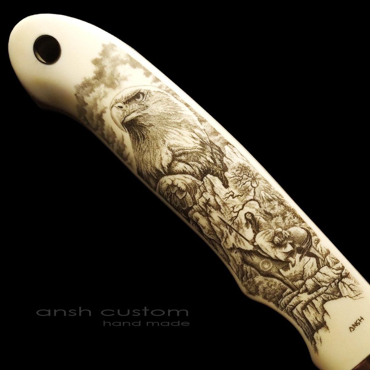 "Eagle spirit". scrimshaw on the handle of a Bob Loveless knife. handmade. in a single copy. is in a private collection

#ansh_custom #scrimshaw #bulino #engraving #knife #knives #collection #eagle #hunter #handmade #loveless #single_copy #wild_west #navi