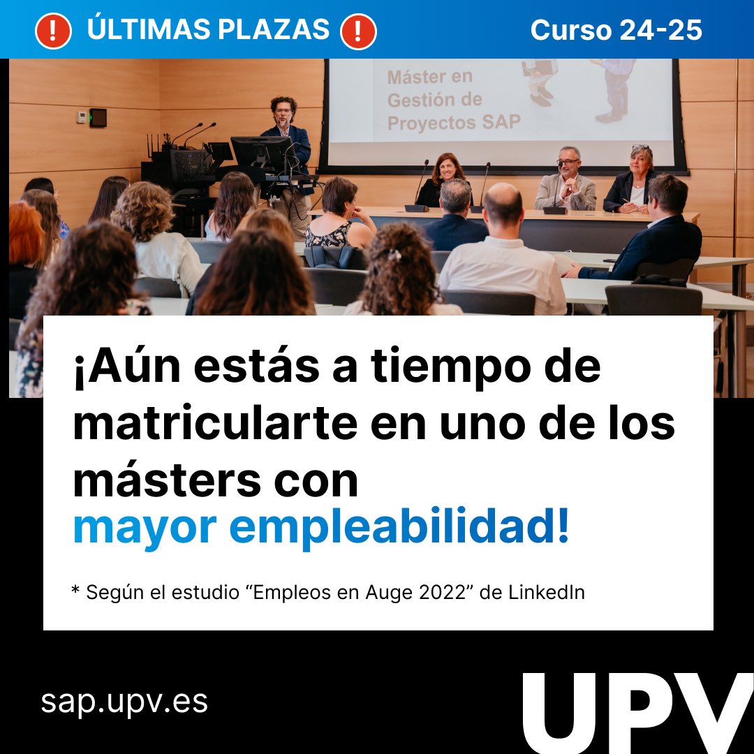 SAP en la UPV (@sap_upv) on Twitter photo ❗️ÚLTIMAS PLAZAS❗️
¡Aún estás a tiempo de matricularte en el #MásterSAP de la <a href="/UPV/">Universitat Politècnica de València</a>!
No te quedes sin tu plaza en uno de los másters con mayor empleabilidad ➡️ sap.upv.es ❗️ÚLTIMAS PLAZAS❗️
¡Aún estás a tiempo de matricularte en el #MásterSAP de la <a href="/UPV/">Universitat Politècnica de València</a>!
No te quedes sin tu plaza en uno de los másters con mayor empleabilidad ➡️ sap.upv.es