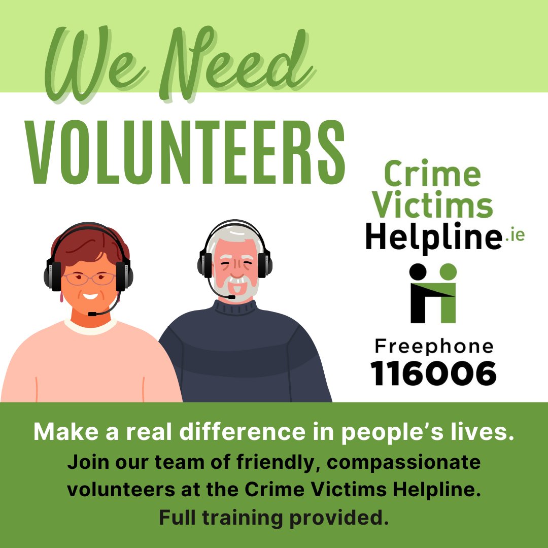 CrimeVictimsHelpline (@crimevictimline) on Twitter photo The Crime Victims Helpline is currently recruiting volunteers for our Autumn Volunteer training.
Applications are open until the 27th September 2024.
For more information, visit crimevictimshelpline.ie/volunteer
Contact hello@crimevictimshelpline.ie or call 01 408 6116 with any questions. The Crime Victims Helpline is currently recruiting volunteers for our Autumn Volunteer training.
Applications are open until the 27th September 2024.
For more information, visit crimevictimshelpline.ie/volunteer
Contact hello@crimevictimshelpline.ie or call 01 408 6116 with any questions.