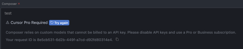 RicardoMahfoud's tweet photo. @aml_chandran As of today, Composer needs Pro subscription.
The other features don't and can be used with your own API key though (such as ⌘K or ⌘L)

I've been using API keys without pro for a long time, but Composer made it worth the Pro subscription IMO. https://t.co/CrplGuVrLY