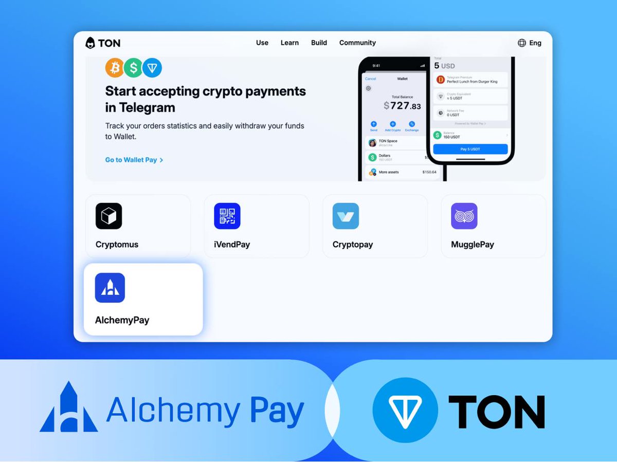 We are proud for having the support from @ton_blockchain, bringing crypto  payments to #Telegram. #AlchemyPay is now featured on #TON as the go-to Crypto  Payment solution provider, empowering seamless Telegram-based payments. Stay
