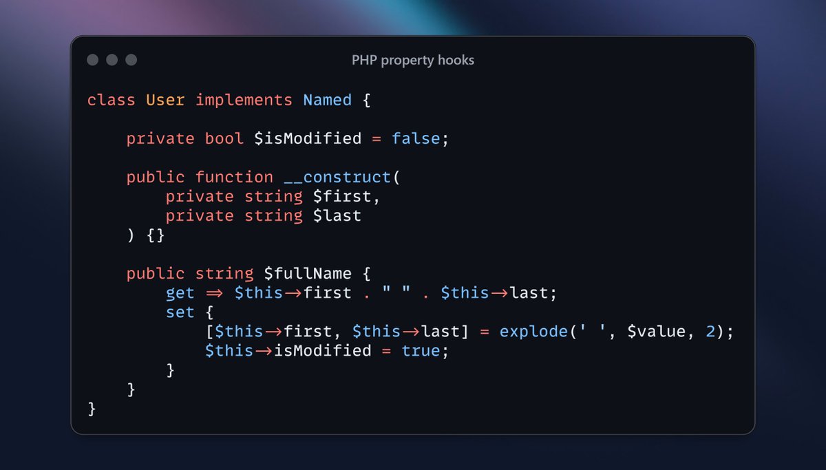 eighty9nine's tweet image. One of the new php8.4 features I am very excited about: PHP property hooks