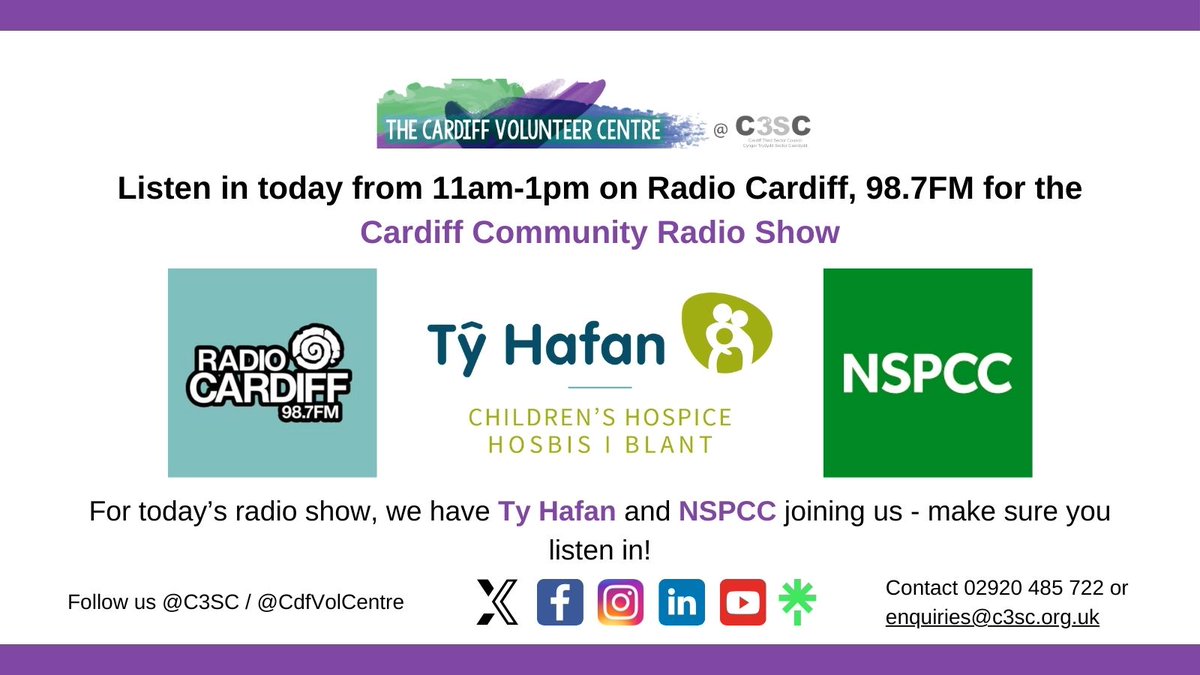 cdfvolcentre's tweet image. It's Monday which means from 11am, we'll be on air for our #CardiffCommunity Radio Show @RadioCardiff so make sure you listen in! Today, we're pleased to have @tyhafan and @NSPCC_Cymru as our guests on the show.

Want to book your spot on the next show? 📧  enquiries@c3sc.org.uk