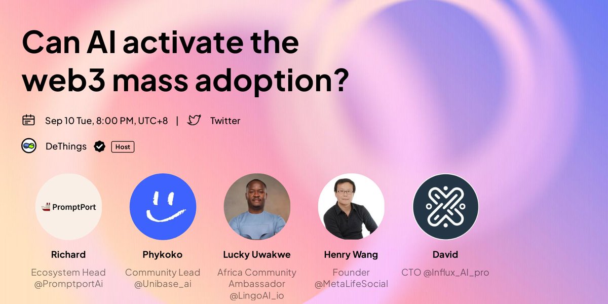 🚀 DeThings AMA: CeDefi &amp; RWA development 
⏰Tuesday 20:00 (UTC+8)  
🎙️HOST <a href="/DeThingsNews/">DeThings</a> ( by <a href="/Anitahityou/">Anita AGI/acc |🧠SENT</a> )

👨Guests:
👉 <a href="/PromptportAi/">PromptPort</a>: Richard (Ecosystem Head)
👉 <a href="/Unibase_AI/">Unibase</a>:  Phykoko (Community Lead)
👉 <a href="/LingoAI_io/">LingoAI</a>: Lucky Uwakwe (Africa Community Ambassador)
👉