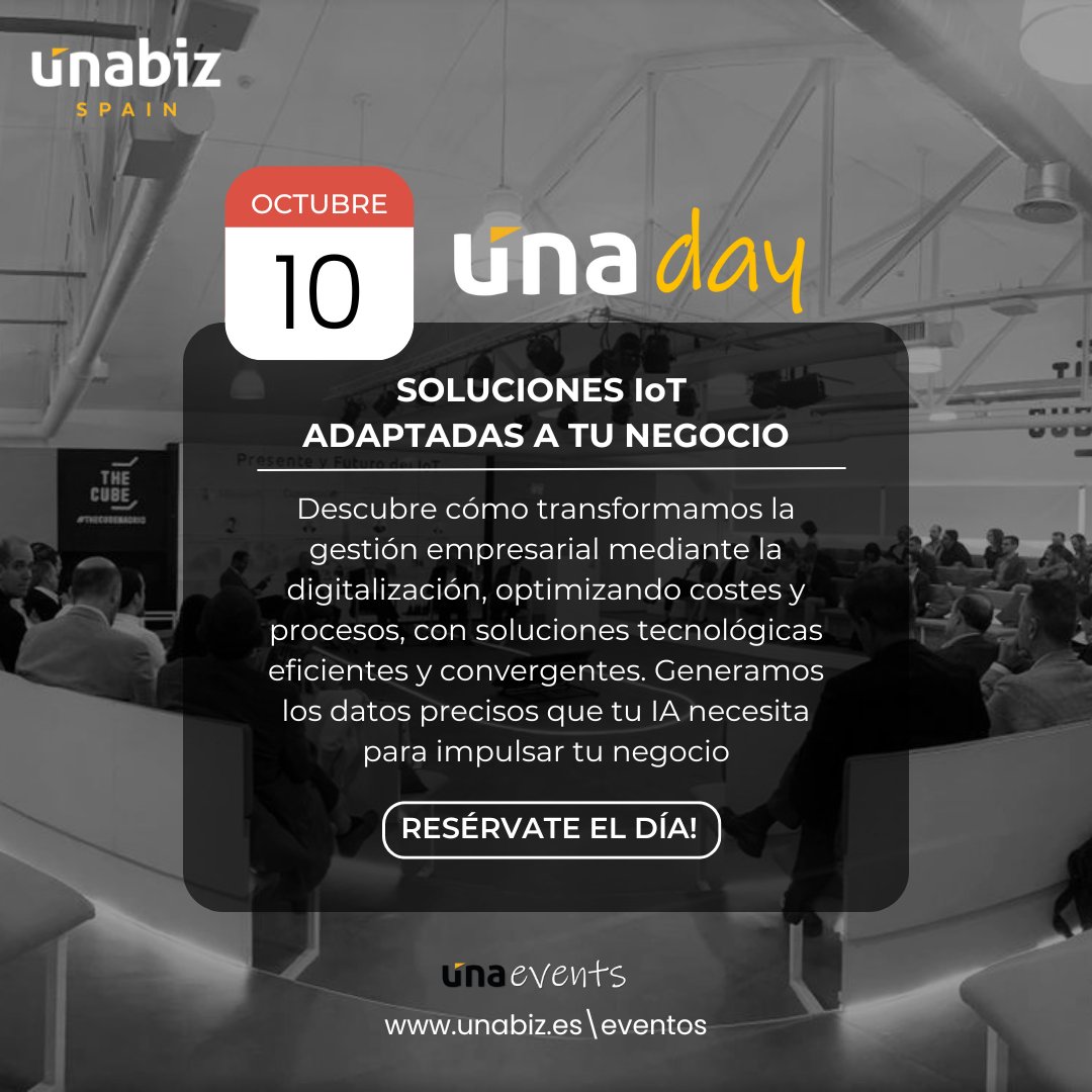 𝗘𝗹 𝟭𝟬 𝗱𝗲 𝗢𝗰𝘁𝘂𝗯𝗿𝗲 celebramos el #UnaDay, un evento donde descubrirás cómo nuestras soluciones #IoT pueden revolucionar la gestión empresarial🚀
No te pierdas la oportunidad de conocer cómo podemos mejorar la eficiencia y competitividad de tu negocio.