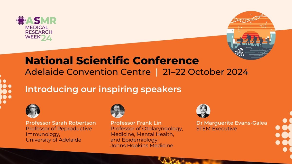 The Australian Society for Medical Research (ASMR) (@theasmr1) on Twitter photo Hear from some of the best minds in Australian medical research at this year’s combined National Scientific Conference. We’re excited to hear from <a href="/choosy_uterus/">Sarah Robertson</a> <a href="/MVEG001/">Dr Marguerite Evans-Galea AM</a> @Paul_Joyce_n @wormychew and Prof Frank Lin Register: tinyurl.com/5n84whp2 #ASMR24 #MRW24 Hear from some of the best minds in Australian medical research at this year’s combined National Scientific Conference. We’re excited to hear from <a href="/choosy_uterus/">Sarah Robertson</a> <a href="/MVEG001/">Dr Marguerite Evans-Galea AM</a> @Paul_Joyce_n @wormychew and Prof Frank Lin Register: tinyurl.com/5n84whp2 #ASMR24 #MRW24