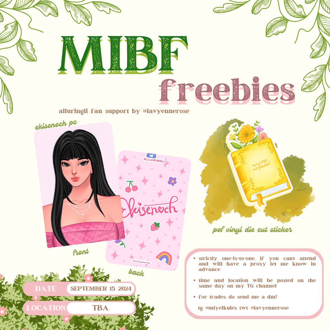 lavyennerose's tweet photo. Alluringli MIBF Freebies 💐 @alluringliwp 

I will be giving away ekisenoch photocard 🎀 and POF vinyl sticker 🌼 this upcoming MIBF!📚Please see the picture attached for further details.

Open to all alliviates attendee and non attendees (must have proxy)  

 please help rt 🫶 https://t.co/zQiPjbMQII