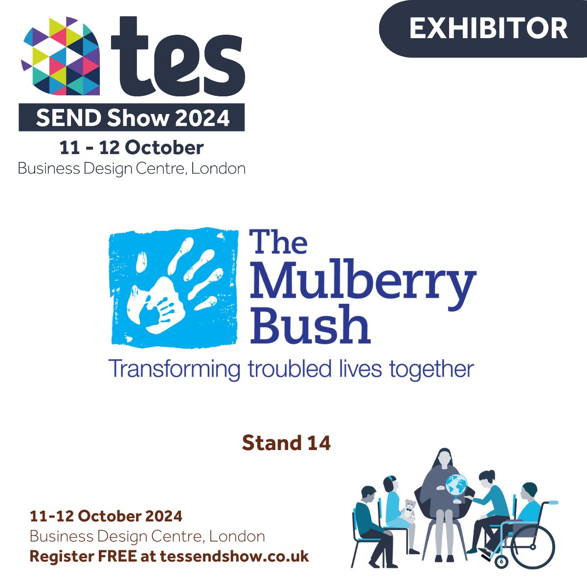 We're thrilled to have <a href="/MulberryBushOrg/">The Mulberry Bush</a> at the Tes SEND Show 2024! 

The Mulberry Bush Charity is dedicated to transforming the lives of children and young people who have experienced severe trauma and emotional difficulties.

Register today: tessendshow.co.uk