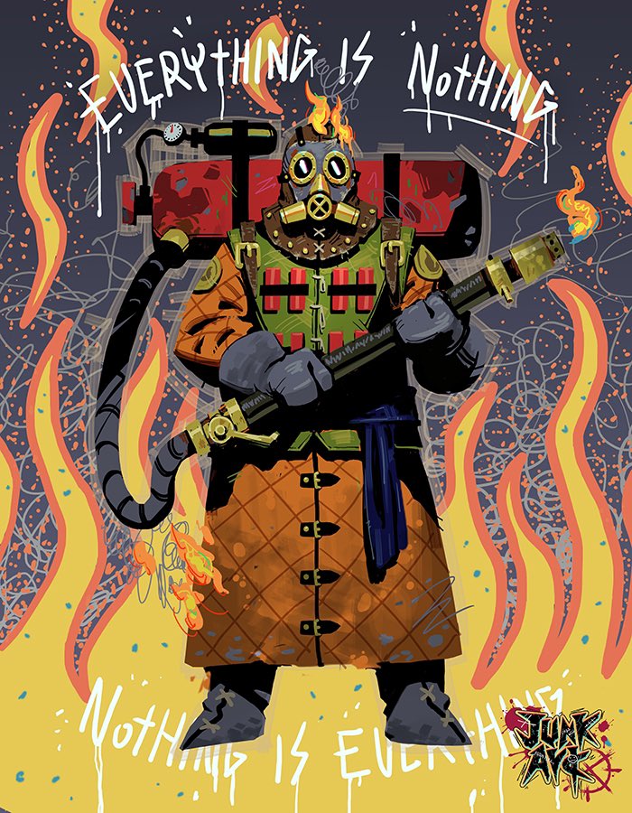 Meet Cinder, our fire fanatic! 🔥 He’s burned everything in his path, but now the flames have consumed his faith and soul. As he edges closer to true purity, nothing can stop him. #Fanatic #Pyromania #Flamethrower #CharacterDesign #MaskedCharacter #gasmask #JunkArk #BurningBone