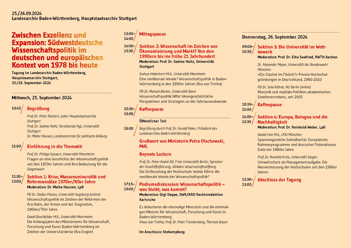 Am 25. und 26.9. findet im #Hauptstaatsarchiv #Stuttgart die #wissenschaftliche #Tagung "Zwischen Exzellenz und Expansion: #Südwestdeutsche #Wissenschaftspolitik im deutschen und europäischen Kontext von 1978 bis heute" statt. 

➡️ landesarchiv-bw.de/de/aktuelles/t…