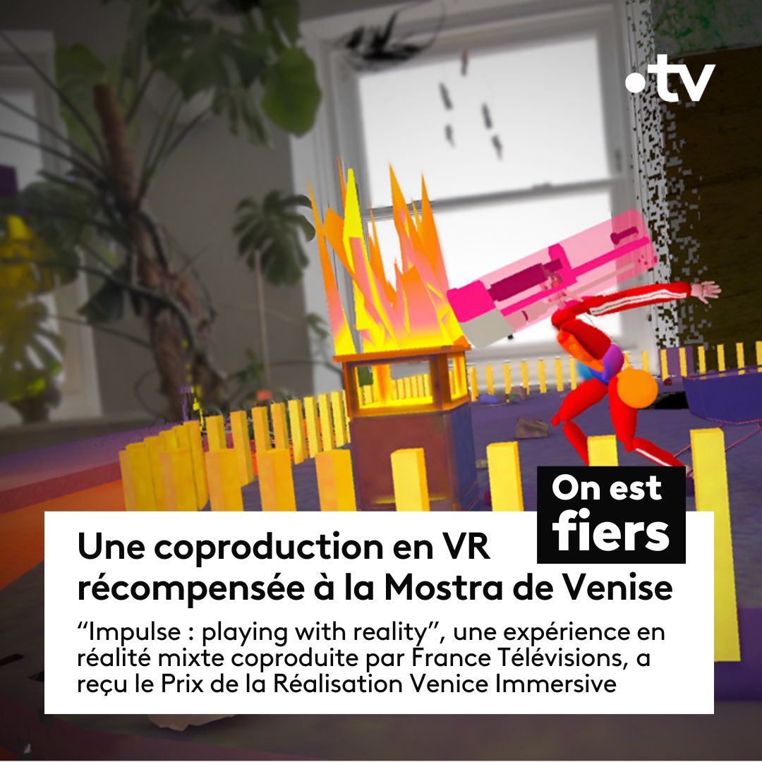 🏆 👏 #Innovation | Une nouvelle coproduction VR de @francetele récompensée !

”Impulse : playing with reality” reçoit le Prix de la Réalisation lors du #VeniceImmersive.

👉 Une expérience en réalité mixte qui montre le monde tel qu'il est appréhendé par les personnes avec TDAH