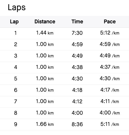 🫡 5min - 4min kilometres, progressive, no more than three seconds off target every time, no stops.