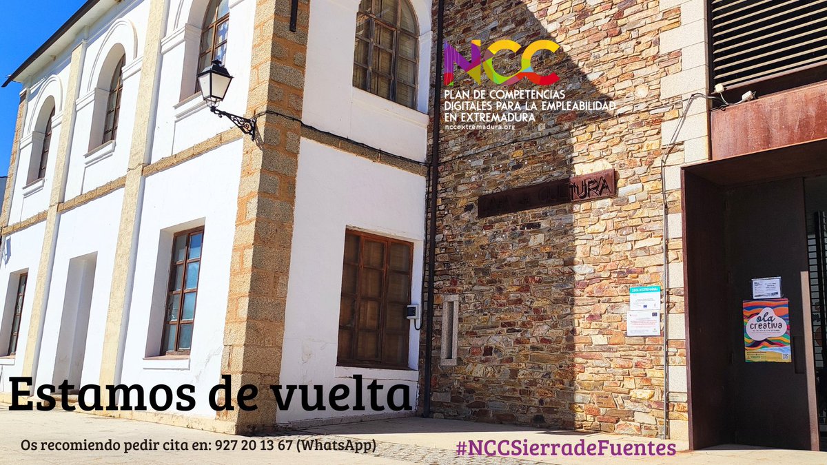 📢 ¡El NCC de Sierra de Fuentes vuelve a estar abierto! ⏰ Te esperamos de 9 a 14 h para ayudarte con las #CompetenciasDigitales. Recuerda pedir cita previa por WhatsApp al 📲 927 20 13 67. ¡Felices Fiestas del Stmo. Cristo del Risco a tod@s! 🎉🙌 #SierraDeFuentes
