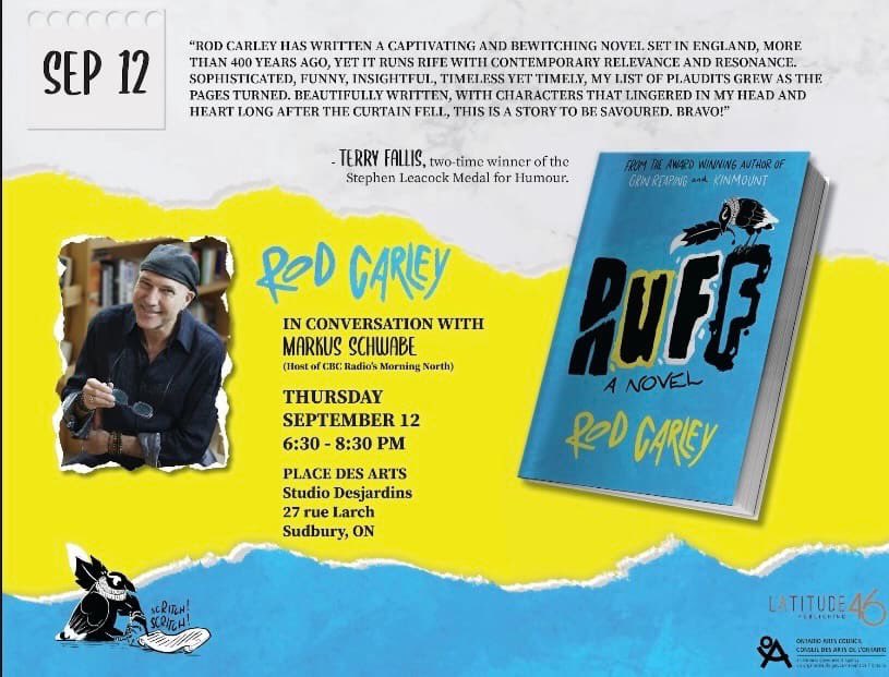 Kim Fahner (@modernirish) on Twitter photo Sudbury folks—if you like Shakespeare & humour writing, then you should head to <a href="/maplacedesarts/">Place des Arts</a> on Thursday evening at 6:30 to listen to my friend Rod Carley read from his new book, Ruff. He’ll be speaking w/ CBC Sudbury’s Markus Schwabe. <a href="/carley_rod/">Rod Carley</a> <a href="/cbcmarkus/">Markus Schwabe</a> <a href="/Lat46Publishing/">Latitude46Publishing</a> Sudbury folks—if you like Shakespeare & humour writing, then you should head to <a href="/maplacedesarts/">Place des Arts</a> on Thursday evening at 6:30 to listen to my friend Rod Carley read from his new book, Ruff. He’ll be speaking w/ CBC Sudbury’s Markus Schwabe. <a href="/carley_rod/">Rod Carley</a> <a href="/cbcmarkus/">Markus Schwabe</a> <a href="/Lat46Publishing/">Latitude46Publishing</a>