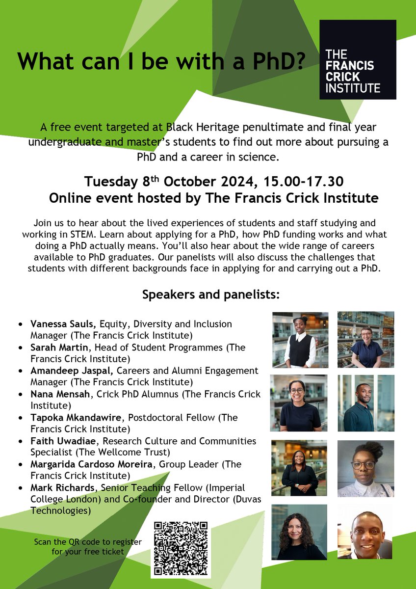 What can I be with a PhD?

📅Tuesday 8th October 2024, 15.00-17.30
Free online event for Black Heritage penultimate and final year undergraduate and masters students.
📍Hosted virtually by The Francis Crick Institute <a href="/TheCrick/">The Crick</a> 

Register for free:👉 crick.ac.uk/whats-on/what-… 👈