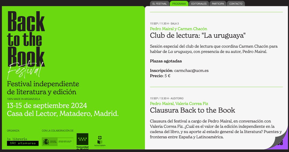 chacunin's tweet image. Muy contenta de participar en el festival 'Back to the Book' 🔁📚 ¡Gracias por este regalazo que nos hace @altamarealibros 📗 invitando a @MairalPedro a nuestro Club de lectura📝!
Objetivo🎯 Saborear "La uruguaya"
📢 15 sept📌Casa del Lector