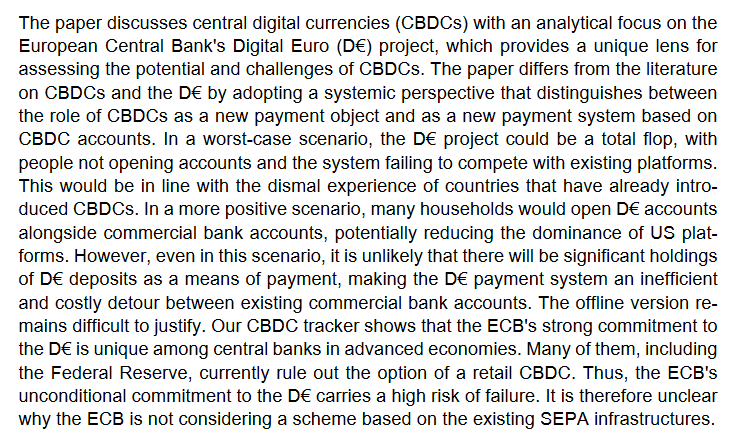 PeterBofinger's tweet photo. My new study on CBDC and the Digital Euro (D€) is now available as  @IMKFlash Study No. 95. The paper shows that it is unlikely that the costly parallel universe of bank accounts that the @ecb wants to create with the D€ will meet with great demand.  https://t.co/MS0Zw95or3 https://t.co/iV8ZrVglp9