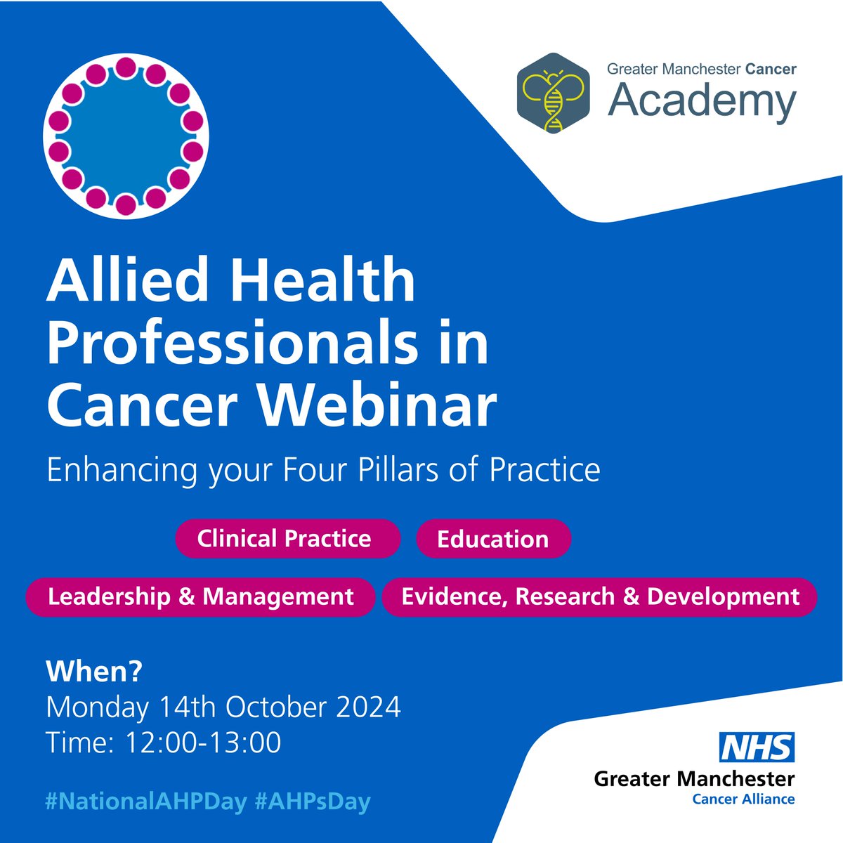 #AlliedHealthProfessionals are invited to join us and <a href="/GMCancerAcademy/">Greater Manchester Cancer Academy</a> on National AHP Day for a special webinar exploring the four levels of practice for AHPs in cancer care.

14th October at 12:00 - 13:00.

Register your place: bit.ly/46QMXb4 #AHPsDay #GMCancerAHPs