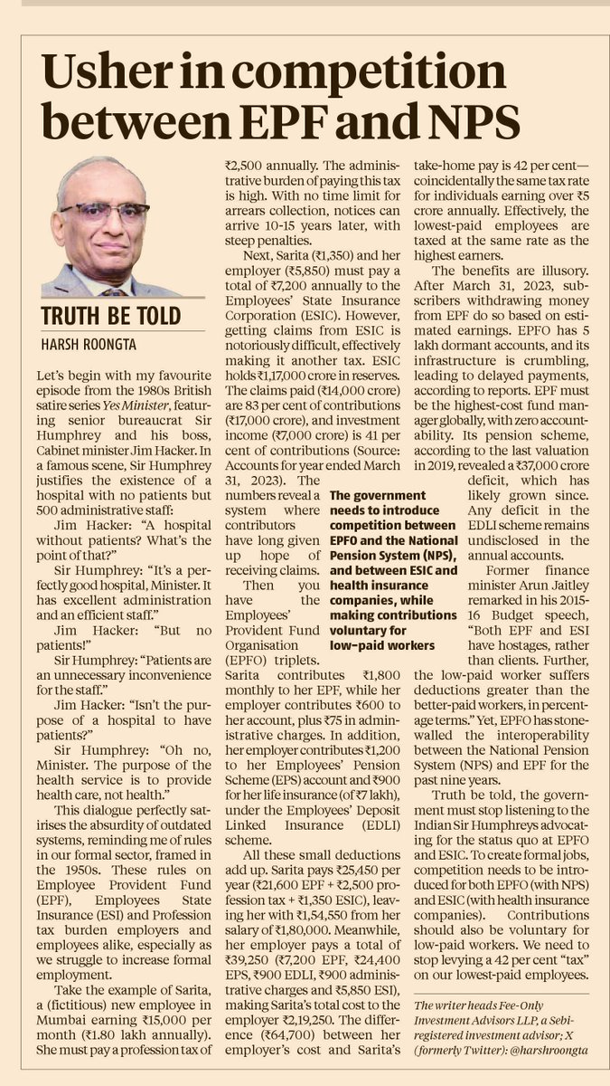harshroongta's tweet photo. Employees earning Rs. 15,000 pm pay "tax" @42% (the same rate as those earning more than Rs. 5 crores do). Finance minister late @arunjaitley in his budget speech for 2015 mentioned “the situation with regard to the dormant #EPFO accounts and the claim ratios of #ESIC is too well known to be repeated here. It has been remarked that both #EPF and #ESI have hostages, rather than clients.  Further, the low paid worker suffers deductions greater than the better paid workers, in percentage terms.” He advocated the solutions listed in this article. These promises made a decade ago in a #budget speech on the floor of the parliament have been stonewalled by the powerful @socialepfo (EPFO) and @esichq  (ESIC) establishments.  Bureaucrats can justify anything as exemplified by the fictional UK bureaucrat Sir Humphrey in the BBC series “Yes Minister”. Watch him justifying continuance of a hospital with no patients but with 500 admin staff https://t.co/7X3rt0X7Pi .  Will @narendramodi @PMOIndia @FinMinIndia @nsitharaman fullfil the reform promises made by @arunjaitley or will they let the Indian Sir Humphreys win? Can we expect the opposition parties to pick it up @RahulGandhi @PChidambaram_IN @AamAadmiParty @ArvindKejriwal @SanjayAzadSln @raghav_chadha       Article link in @bsindia : https://t.co/ha83t3lzQg