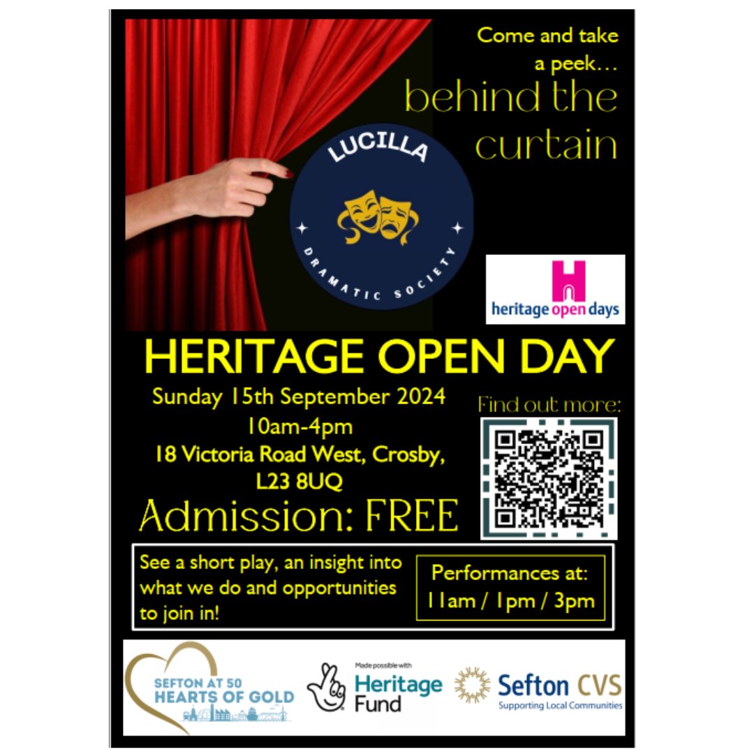 heritageopendays.org.uk
Heritage Open Days 2024: 6-15 September  
Come along to Lucilla Dramatic Society's fascinating <a href="/HeritageSCVS/">Hearts of Gold - Sefton at 50</a> heritage open day event on Sunday 15th September. Performances at 11am/1pm and 3pm. Free admission.🎭💛<a href="/LucillaDramSoc/">Lucilla Dramatic Society</a> <a href="/HeritageFundNOR/">The National Lottery Heritage Fund North</a>