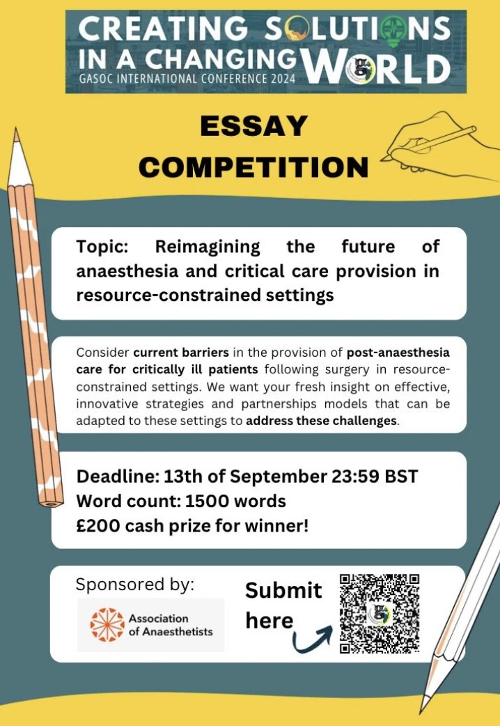GASOC (@gasoc_2015) on Twitter photo Last chance to show off those writing skills—our essay competition deadline is almost here! 📝
Put your pen to paper/ get typing to submit in time!
The winner will win £200, sponsored by <a href="/Assoc_Anaes/">Association of Anaesthetists</a>! Last chance to show off those writing skills—our essay competition deadline is almost here! 📝
Put your pen to paper/ get typing to submit in time!
The winner will win £200, sponsored by <a href="/Assoc_Anaes/">Association of Anaesthetists</a>!