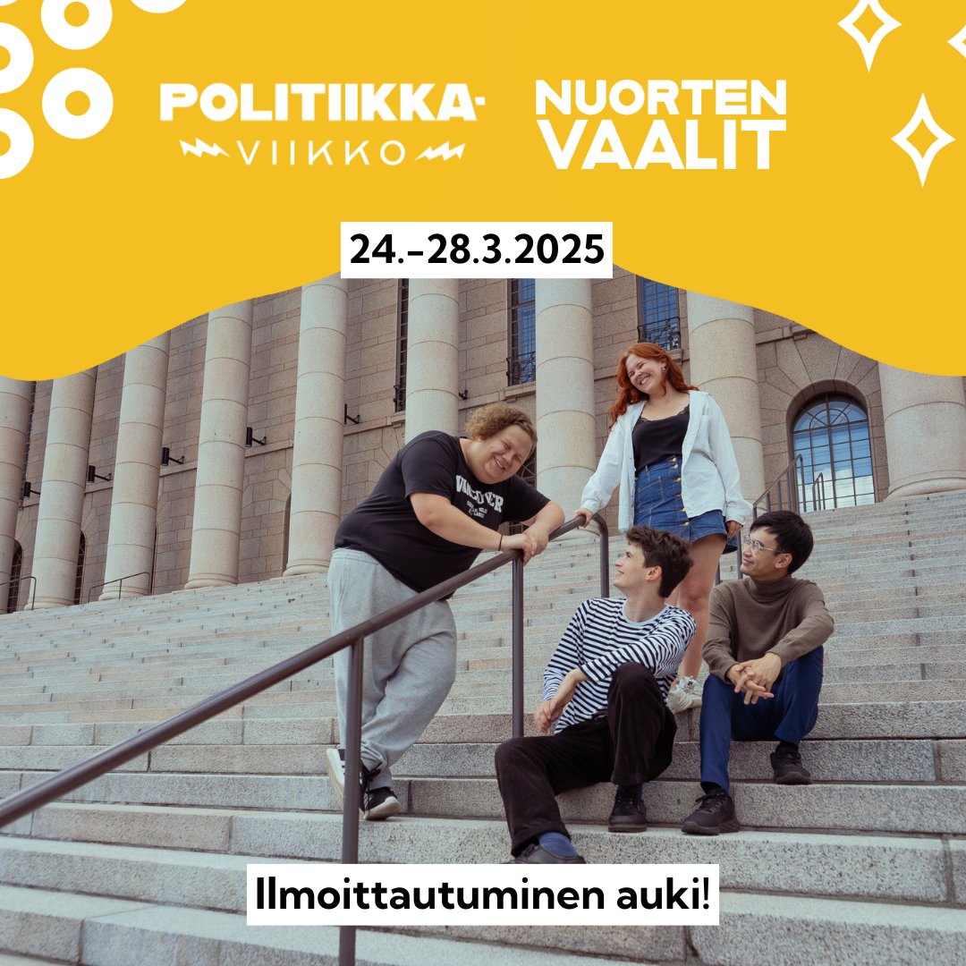 Nuorten vaalit ja Politiikkaviikko tulevat taas 24.-28.3.2025 ennen varsinaisia kunta- ja aluevaaleja!

Tule mukaan edistämään nuorten demokratiakasvatusta ja ilmoita nuorten ryhmä mukaan lomakkeella:
lyyti.fi/reg/Nuorten_va…