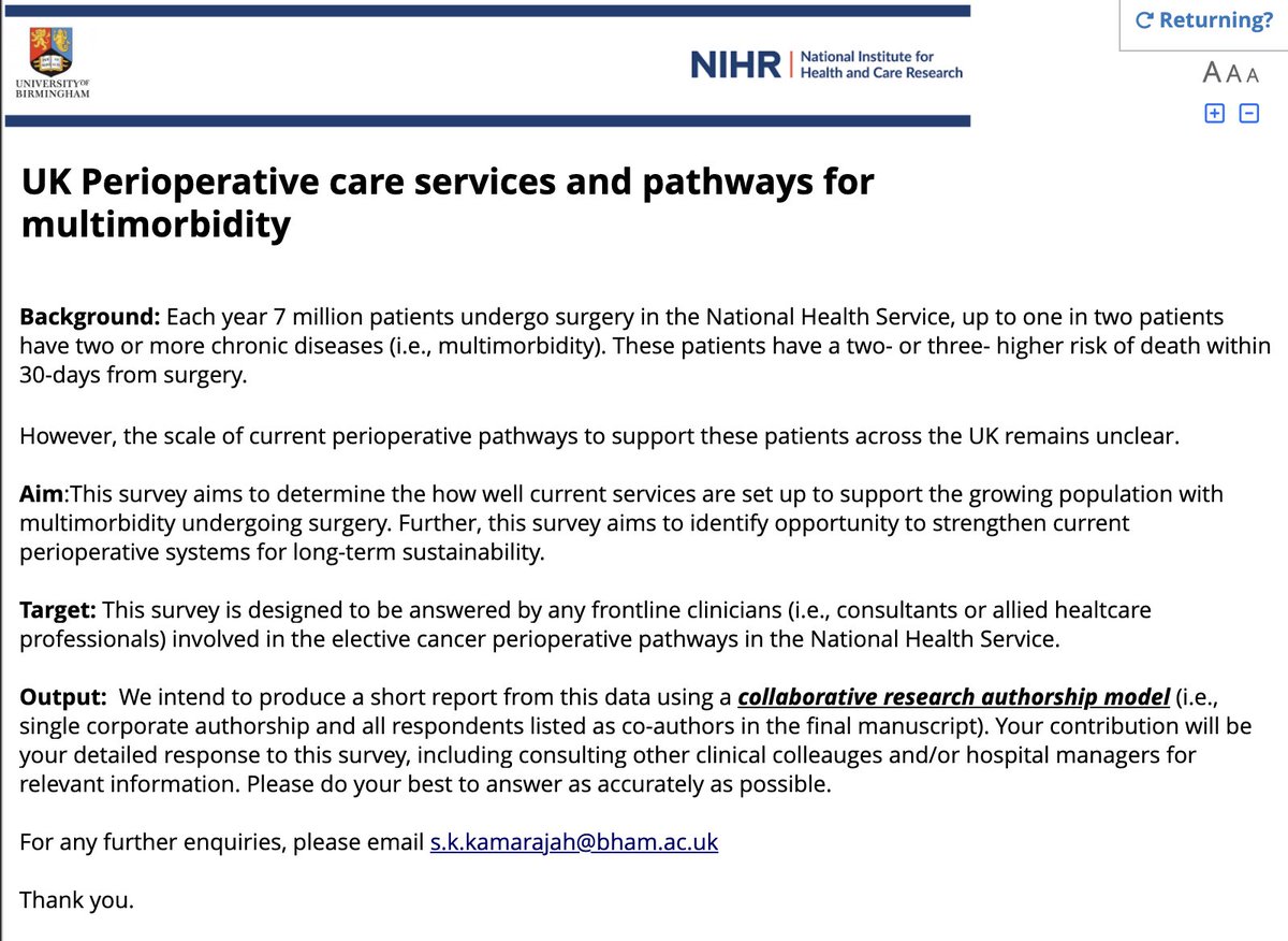 ** Calling all UK Consultants in Surgery, Anaesthetist, Critical care, Older People Medicine and Healthcare Professionals in Elective Cancer Pathways **

🔗: redcap.link/periopuk

What is it about?
To understand how well current elective cancer pathways are set up for people