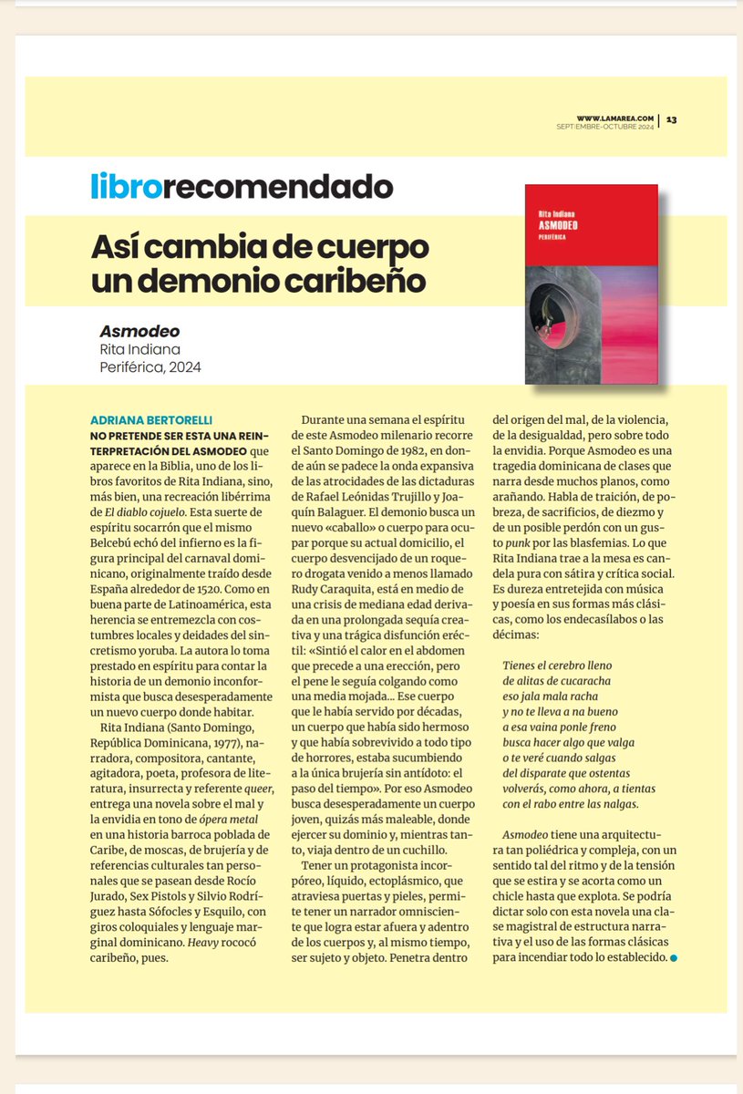 Escribo en El Periscopio sobre "Asmodeo", el demonio caribeño que habita la nueva novela de @ritaindiana en <a href="/PerifericaEdito/">Editorial Periférica</a>. 

Impresionante, cultísima, sinvergüenza y desparpajada, Rita Indiana.