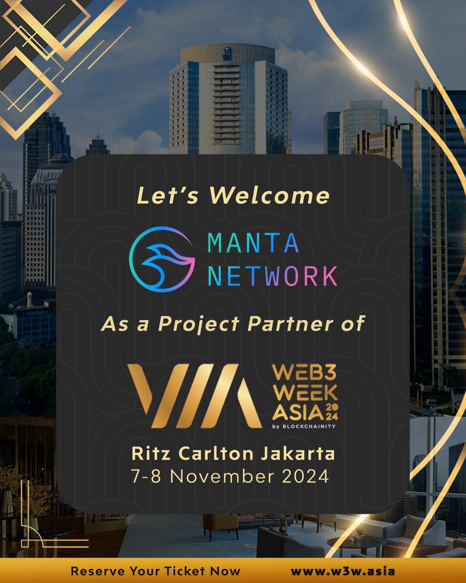 Emmychidi3's tweet image. @MantaNetwork joins @Web3WeekAsia for #Web3WeekAsia2024.

What a time to be in Jakarta!!

DATE: 7-8 NOVEMBER, 2024
VENUE: RITZ CARLTON JAKARTA

To book your tickets, visit w3w.asia 

Don’t snooze!

#MantaNeverStops #Crypto