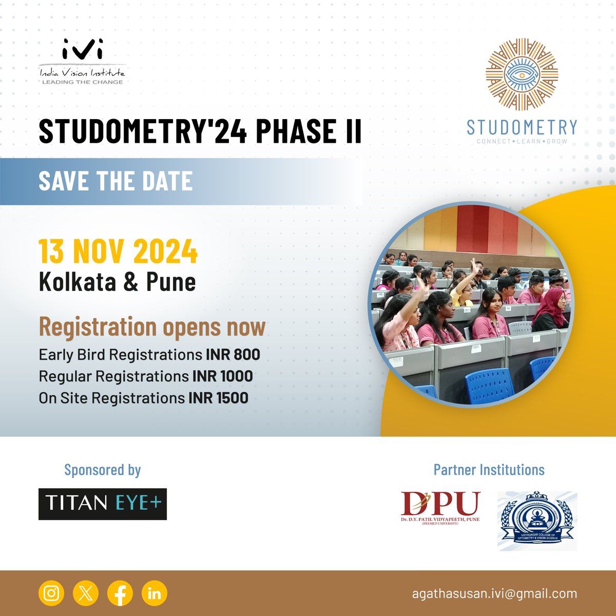 India Vision Institute (@optometryindia) on Twitter photo Save the date for Studometry'24 Phase II
Early Bird registrations open now. Click here rzp.io/l/AOMX0RqDy
For discounts on bulk registrations please contact agathasusan.ivi@gmail.com to know more
<a href="/titaneyeplus/">Titan Eye+</a> <a href="/DPUPune/">Dr. D. Y. Patil Vidyapeeth, Pimpri, Pune</a> #studometry24 #earlybird #registartion #optometry Save the date for Studometry'24 Phase II
Early Bird registrations open now. Click here rzp.io/l/AOMX0RqDy
For discounts on bulk registrations please contact agathasusan.ivi@gmail.com to know more
<a href="/titaneyeplus/">Titan Eye+</a> <a href="/DPUPune/">Dr. D. Y. Patil Vidyapeeth, Pimpri, Pune</a> #studometry24 #earlybird #registartion #optometry