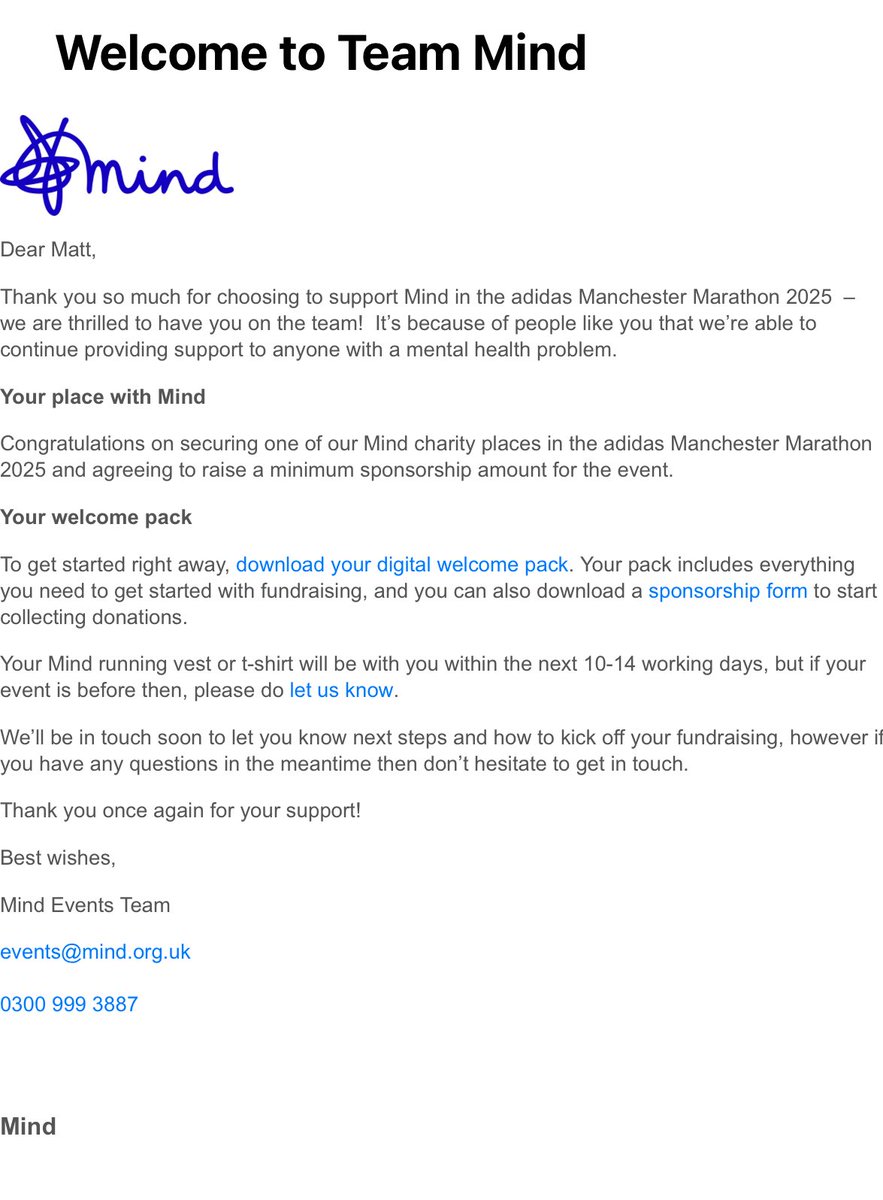 Well that’s me in and having something to focus on by doing the Manchester marathon 2025 whilst raising money for a unbelievable charity, ❤️ let’s get to work, nervous but excited and I know it’s going to be hard but a change in mindset for me lately