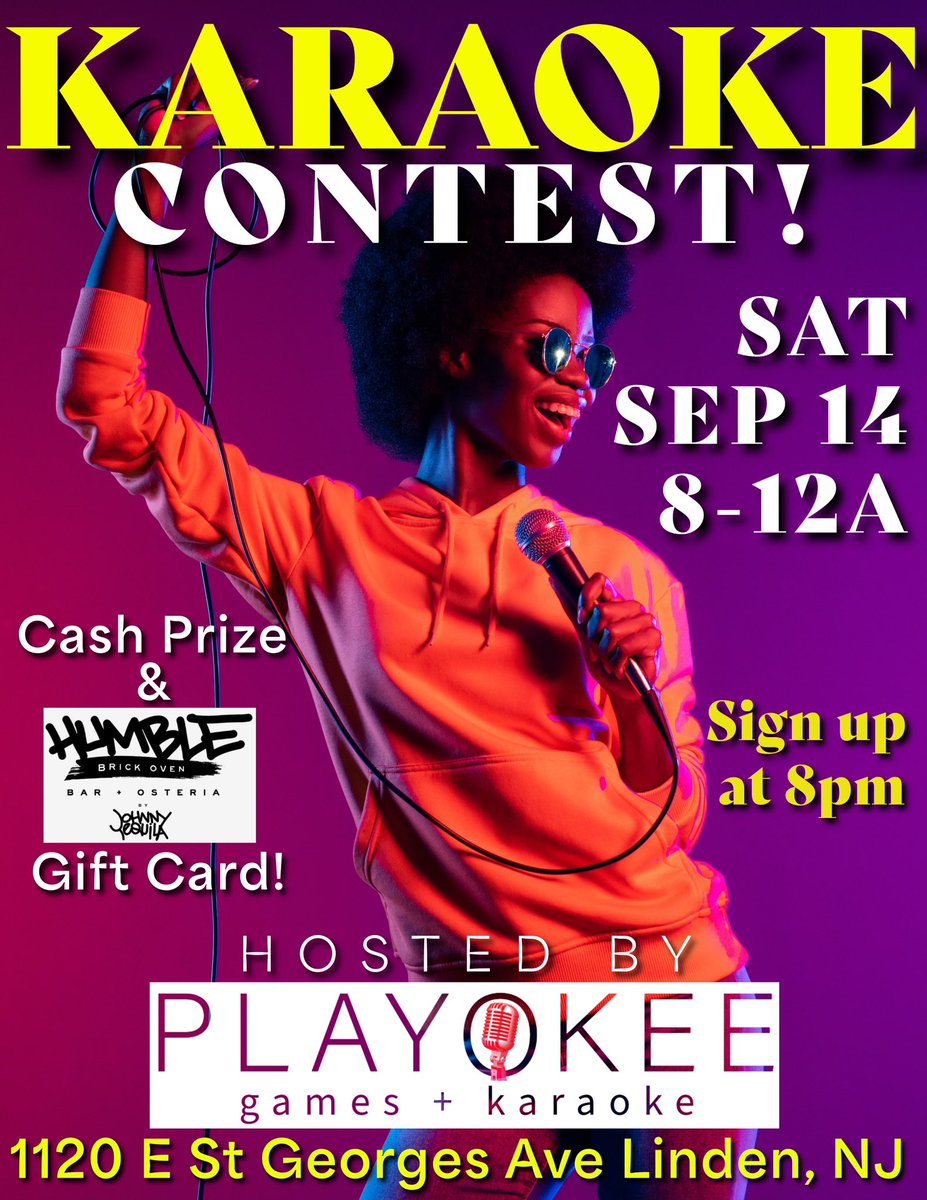 BuggsyClark's tweet photo. Saturday September 14th at 8PM

@playokee is bringing the ultimate karaoke experience to @humblebrickoven Bar + Cocina! 

Join us for a night of singing, laughter, and good vibes.
#Karaoke #Playokee #humblebrickoven #lindennjnightlife https://t.co/2DVrBD99Zi