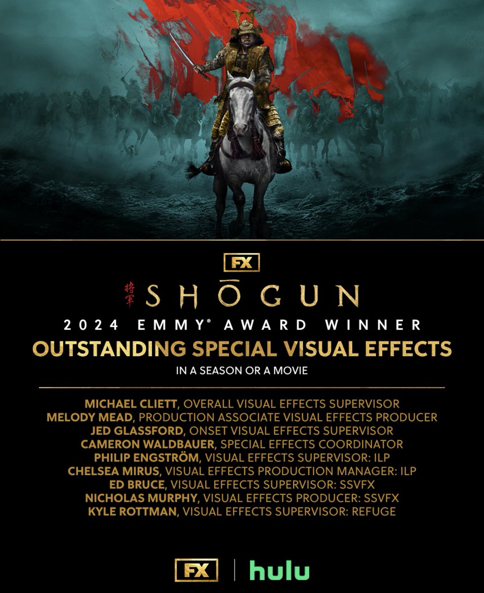 EMMY AWARD WINNING SSVFX!

We are proud and honoured to announce that Shōgun has won the Emmy award for "Outstanding Visual Effects in a Season or a Movie".

Huge congratulations to <a href="/EdBruceVFX/">Ed Bruce</a>, <a href="/nicomurphy/">Nico Murphy</a> and the whole Shōgun team on this outstanding achievement.

#vfx #SHOGUN