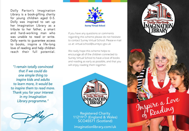Surrey Children can receive a free, high quality, age related text each month at their home from Dolly Parton’s Imagination library, if they:

· Have a social worker
· Are under 5
· Are adopted

For further information, see the image below: 1/2🧵