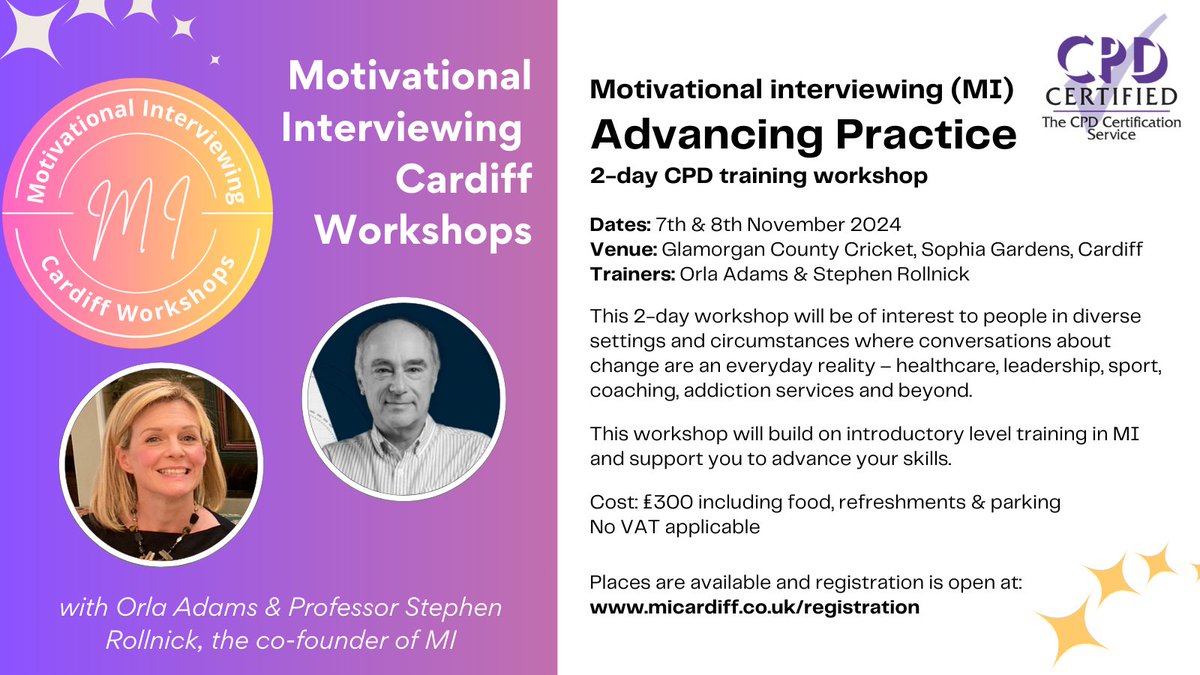 Motivational Interviewing Cardif Workshops
**Now CPD certified**
MI Advancing Practice

2-day in-person motivational interviewing CPD training workshop, 7-8 November 2024, Cardiff

We know costs have risen for you so we have rolled back our prices to circa-2010 prices: £300
