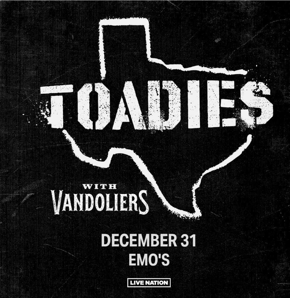 Toadies (Official) (@thetoadies) on Twitter photo Its no surprise we're playing <a href="/emosaustin/">Emo's Austin</a> but on NYE??
Toadies with <a href="/vandoliers/">Vandoliers</a> at Emo's on New Year’s Eve! Live Nation Presale: Tues 9/10 @ 10am Ticketmaster Presale: Tues 9/10 @ 10am
Tickets HERE - livemu.sc/4dYl2ciAll
Ages Event Its no surprise we're playing <a href="/emosaustin/">Emo's Austin</a> but on NYE??
Toadies with <a href="/vandoliers/">Vandoliers</a> at Emo's on New Year’s Eve! Live Nation Presale: Tues 9/10 @ 10am Ticketmaster Presale: Tues 9/10 @ 10am
Tickets HERE - livemu.sc/4dYl2ciAll
Ages Event