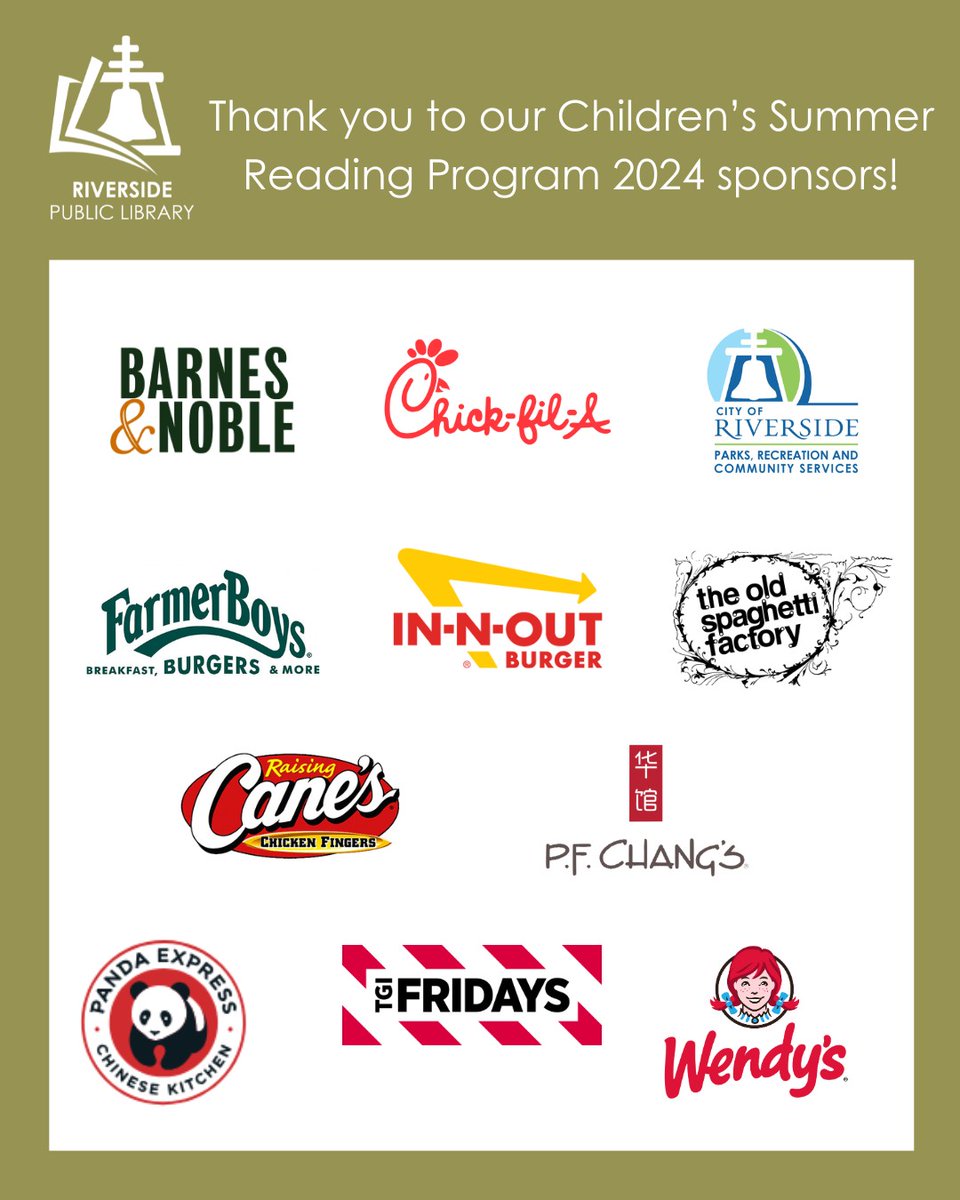 RivLibrary's tweet image. 📚 We want to extend a huge THANK YOU to our amazing sponsors for supporting our Children&apos;s Summer Reading Program! Thank you for helping us inspire young minds and foster a love for reading. 🌟 #SummerReadingProgram #RiversidePublicLibrary