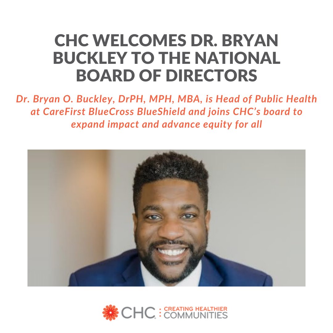 CHC: Creating Healthier Communities (@chcimpact) on Twitter photo We're thrilled to welcome <a href="/bryanobuckley/">Bryan O. Buckley, DrPH, MPH, MBA</a> to CHC's national board of directors! Dr. Buckley serves as the head of public health at <a href="/CareFirst/">CareFirst BlueCross BlueShield</a> & brings valuable insight to advance CHC's mission to address the barriers to #HealthEquity. Learn more: prweb.com/releases/chc-c… We're thrilled to welcome <a href="/bryanobuckley/">Bryan O. Buckley, DrPH, MPH, MBA</a> to CHC's national board of directors! Dr. Buckley serves as the head of public health at <a href="/CareFirst/">CareFirst BlueCross BlueShield</a> & brings valuable insight to advance CHC's mission to address the barriers to #HealthEquity. Learn more: prweb.com/releases/chc-c…