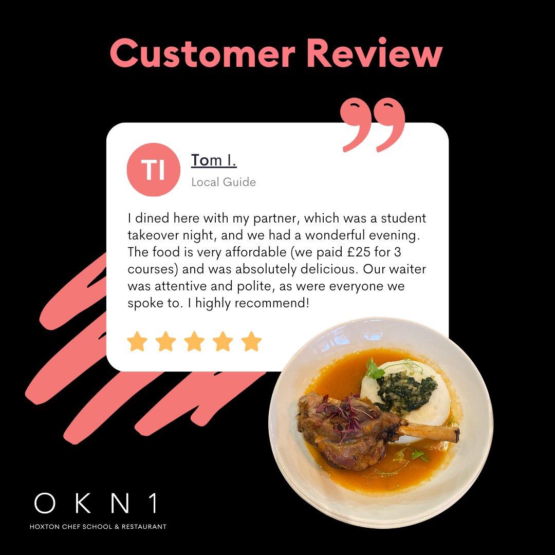 We are so pleased to hear that one of our customers and their partner enjoyed their meal and dining experience at OKN1. 

Book a table now via the link in our bio

#okn1 #restaurant #dinner #lunch #London #hoxton #hackney #customerreview #review