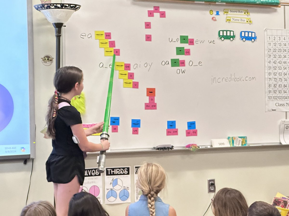 2nd gr teachers doing a vowel town review with their Ss.  Shout out to Mrs Atagi and Mr. Aggson! Loved that a lightsaber was used by students to keep them engaged! This is huge! #Fortproud #Fortfamily #TheITfactor2024