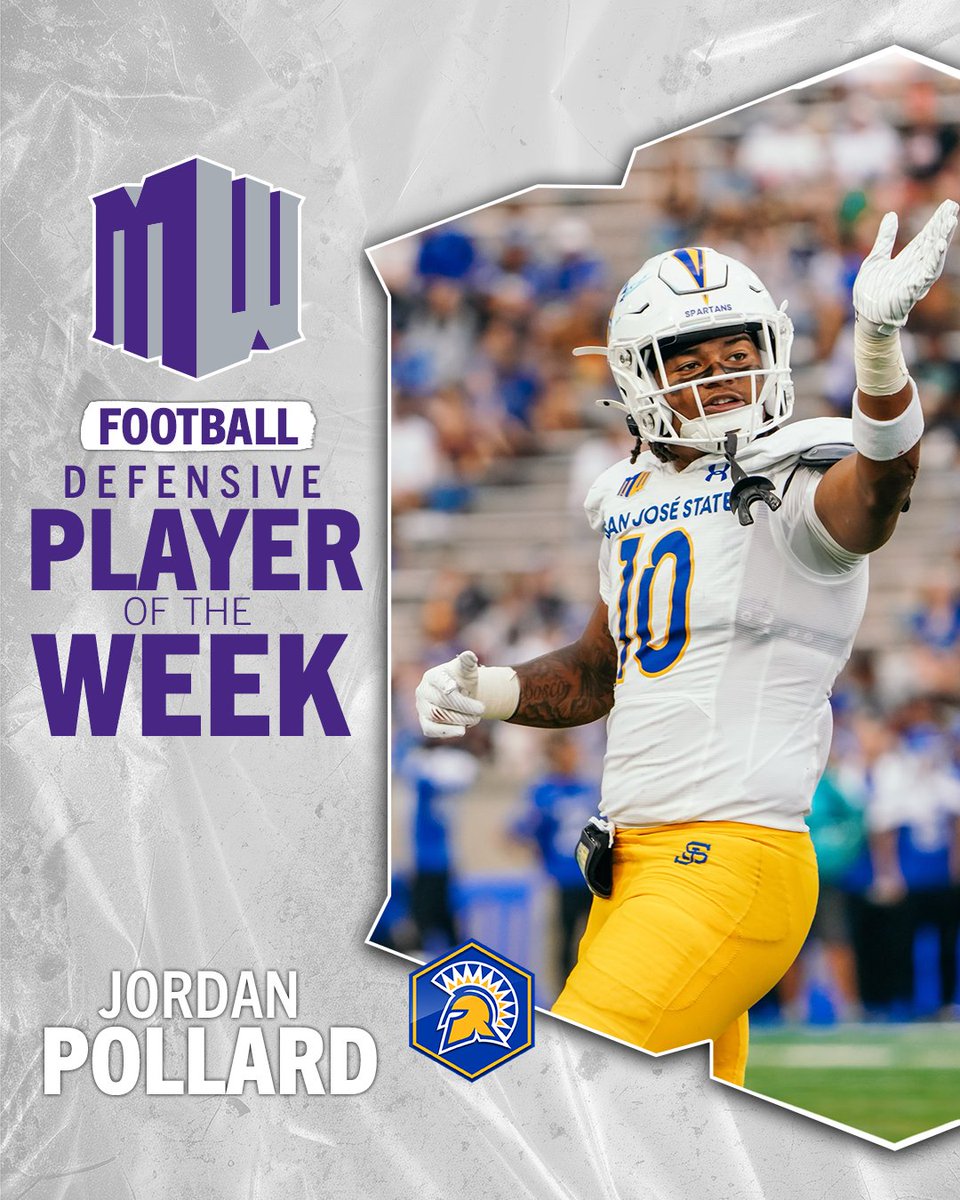 Week 2 Defensive Player of the Week goes to Jordan Pollard after recording a career-high 17 tackles, leading the Spartans' defense against Air Force!
 
#MWFB | #AllSpartans