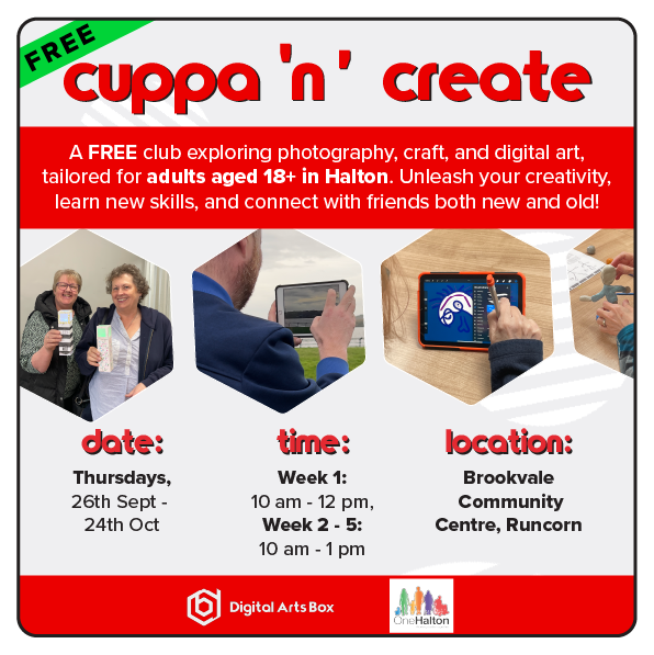 ✨ Exciting News! ✨ Cuppa 'n' Create is back and open to all adults from Halton! 📸🎨 

Join us for a creative journey in a friendly, small-group setting where you can explore various creative activities such as photography, crafting and digital art!

#halton #runcorn #widnes