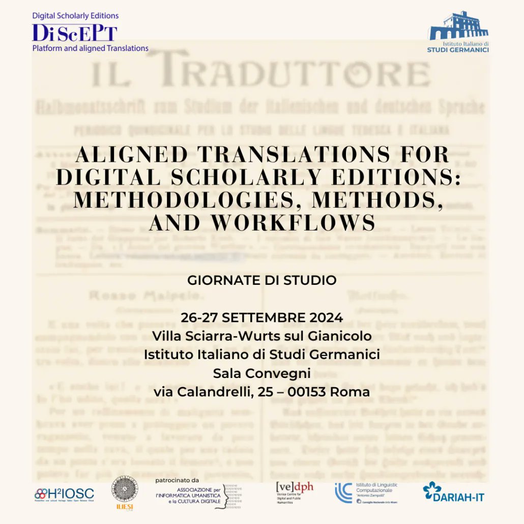 ❗️"Aligned Translations for Digital Scholarly Editions: Methodologies, Methods, and Workflows"❗️
🗺️Rome
🗓️26-27/09
I will present "Manual and Automatic Alignment of I Promessi Sposi: Results and Open Issues" with <a href="/taiga/">Taiga Hirohata</a>
Program: studigermanici.it/aligned-transl…
<a href="/AIUCD/">AIUCD</a> <a href="/TizMancinelli/">Tiziana Mancinelli</a>