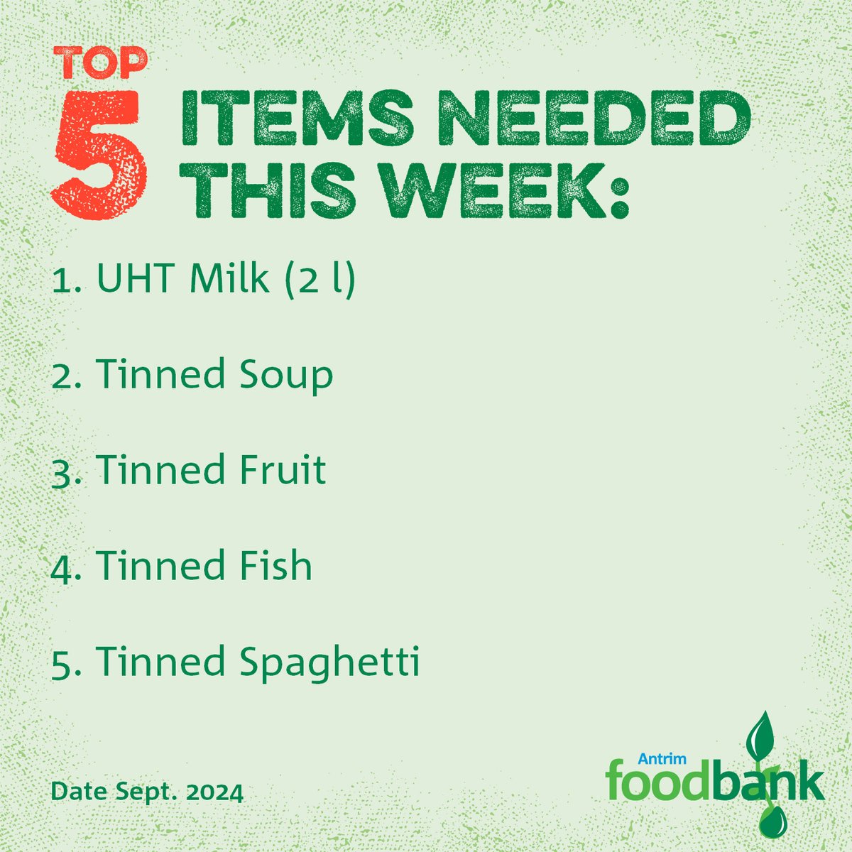 Are you doing the big shop?  
Could you add an item or two to your list?  

- Long Life Milk
- Tinned Fish
- Tined Fruit
- Tinned Beans/Spaghetti
- Tinned Soup

Thank you. antrim.foodbank.org.uk/2024/09/01/sho…